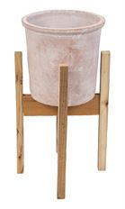 POTTERY ON WOOD STAND 13X8 GRAY