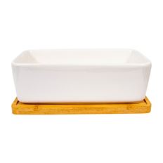 POTTERY RECT 6.75" W/WOOD TRAY