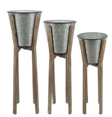 METAL PAILS ON WOOD STAND S/3