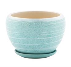 POT W/SAUCER STRIPED BLUE